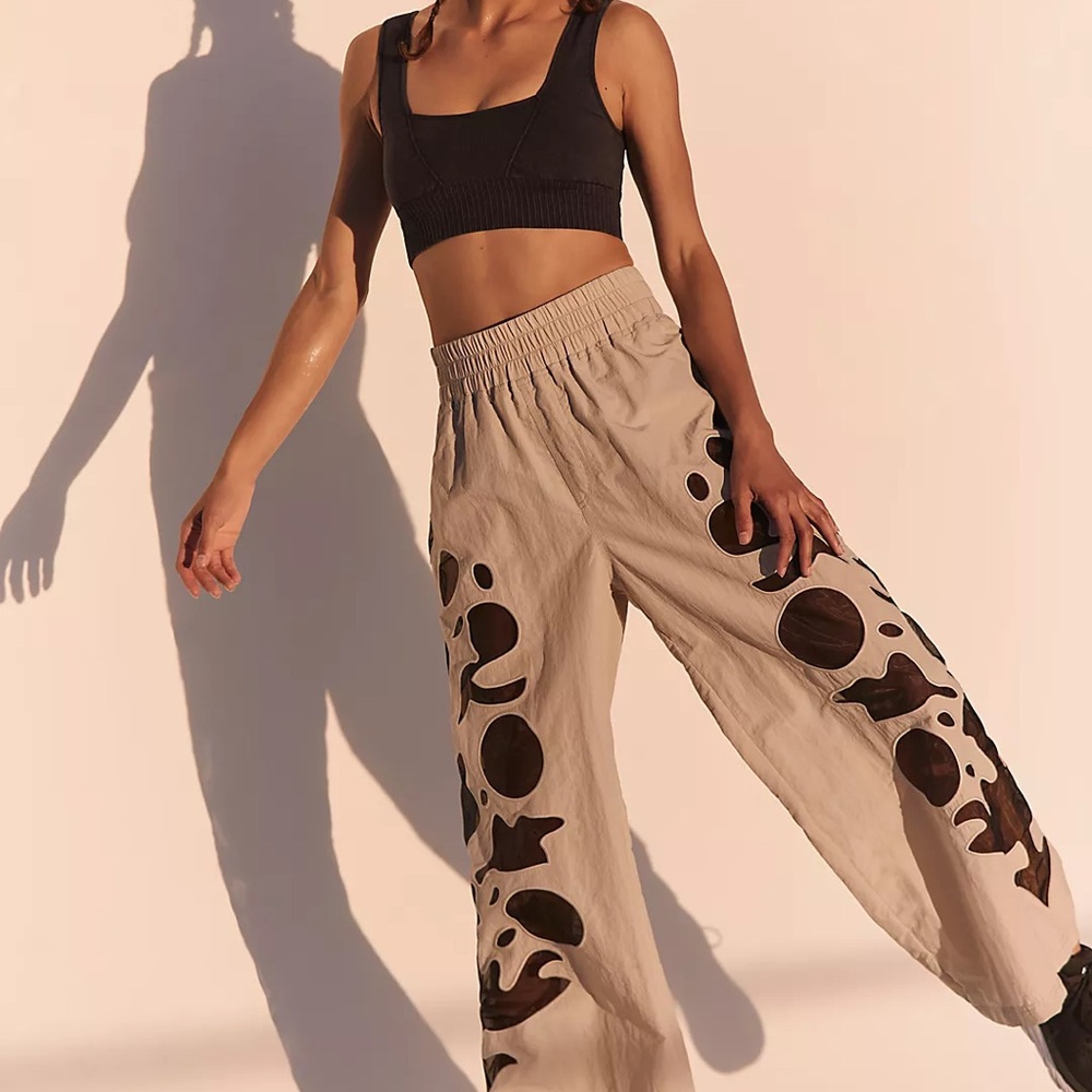Free People FP Movement Pants Womens Large Beige Stay Wavy Wide Leg Sheer Print